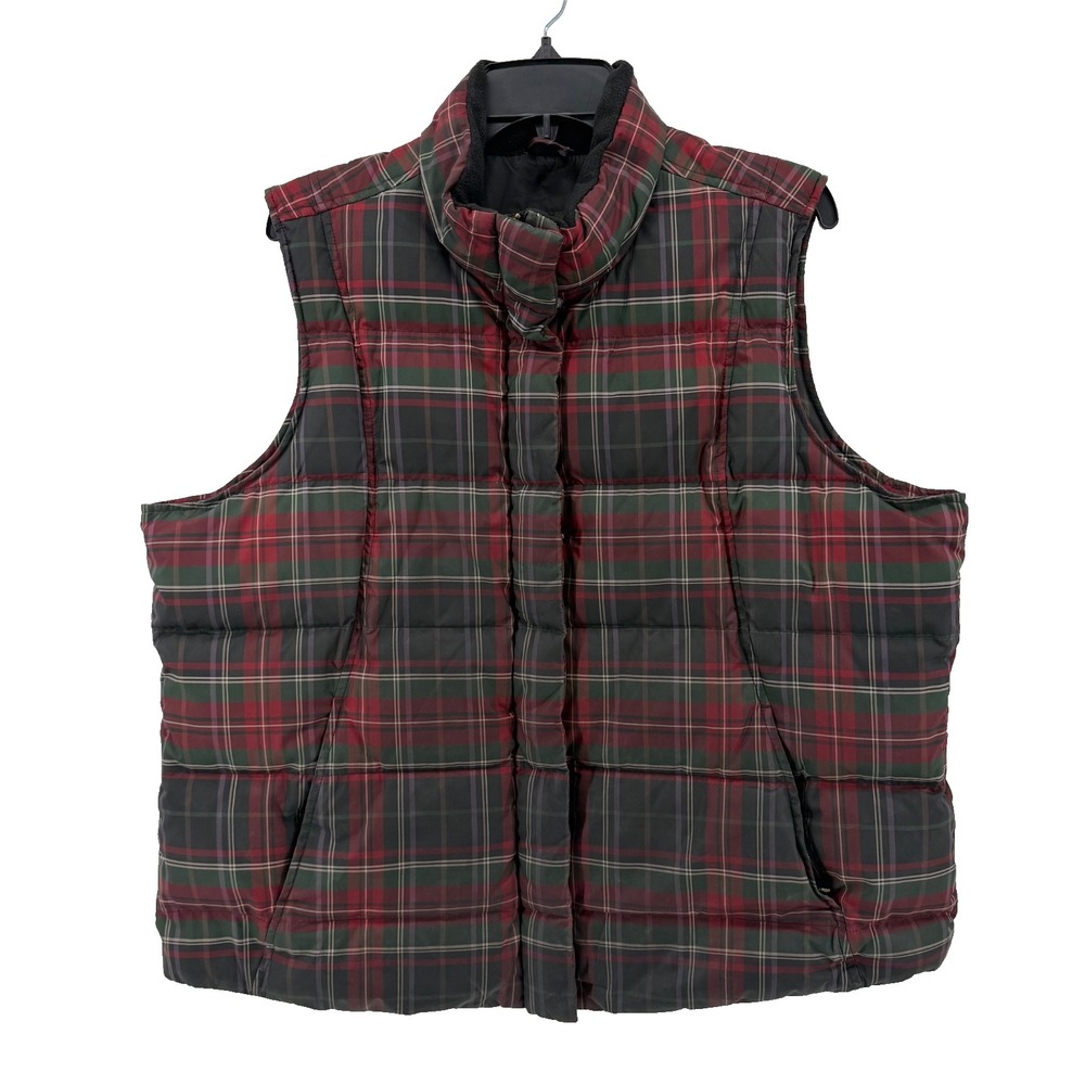 Eddie Bauer Woman's Goose Down Puffer Vest  XL Red Green Tartan Plaid Zip Up